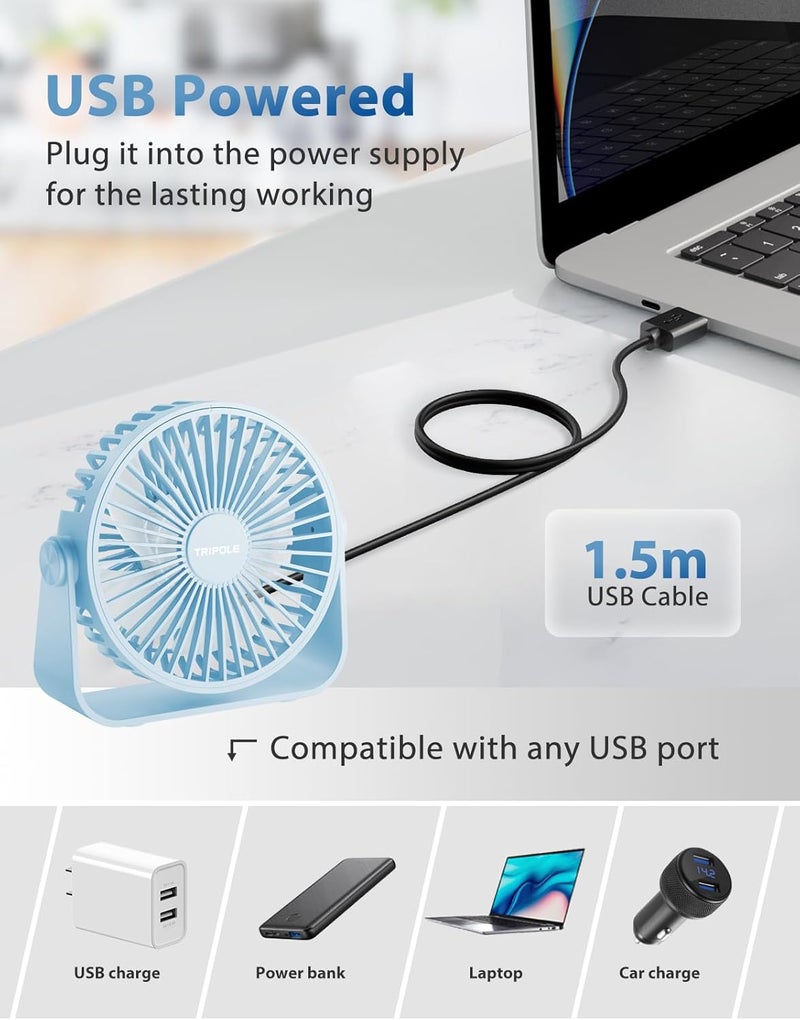 TriPole USB Desk Fan Portable Mini Fan Powerful 3 Speeds Wind Personal Desktop Fan with 360° Head Rotation for Home Office Car Indoor Outdoor Blue, No Battery, 4.5 Inches - Image 3